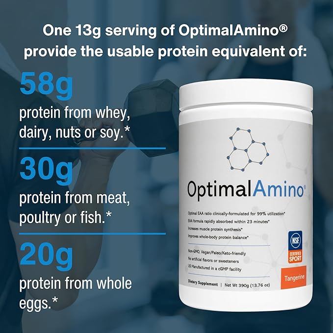 optimal amino Amino Acid Powder | 99% Utilized Essential Amino Acid (EAA) Supplement | Pre/Post Workout & Muscle Recovery | NSF for Sport Certified | Tangerine Flavor
