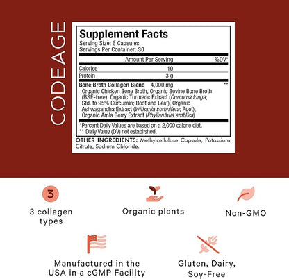 Codeage Organic Bone Broth Collagen Peptides Capsules Supplement, Grass Fed Beef Bone Broth, Free-Range Chicken Bone Broth, Turmeric & Ashwagandha - Collagen Types I, II, III - Non-GMO - 180 Capsules