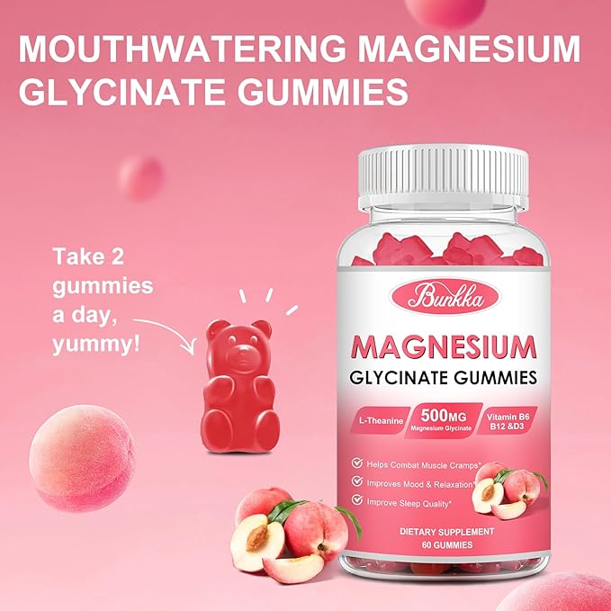 Magnesium Glycinate Gummies - Sugar Free, Magnesium Complex Potassium Supplement with Potassium, VitaminD, B6 for Calm, Sleep & Stress Relief for Adults - 60 Peach Gummies