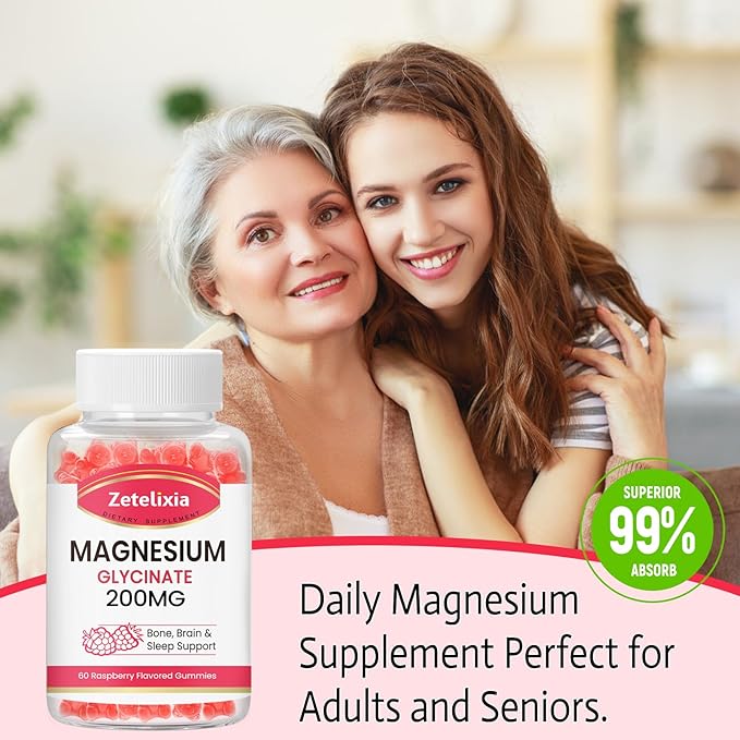 Magnesium Glycinate Gummies, High Absorption Magnesium Glycinate Supplements for Relaxation, Magnesium Chews for Adults and Kids, Raspberry Flavor 60 Count