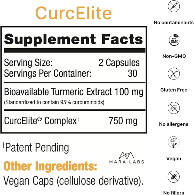 Mara Labs CurcElite Curcumin | Turmeric Extract 95% Curcuminoids | Vegan, No Fillers, and Non-GMO | 60 Vegan Capsules