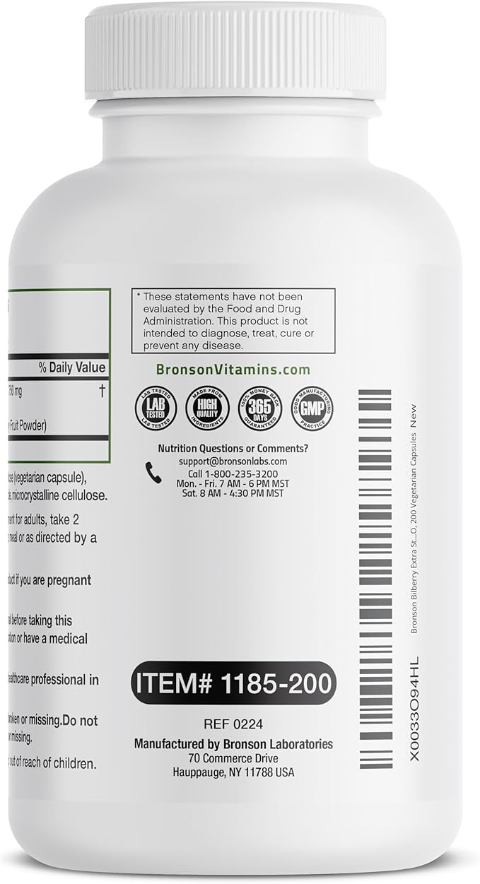 Bronson Bilberry Extra Strength Vaccinium Myrtillus, Promotes Eye Health and Supports Healthy Vision - Non GMO, 200 Vegetarian Capsules
