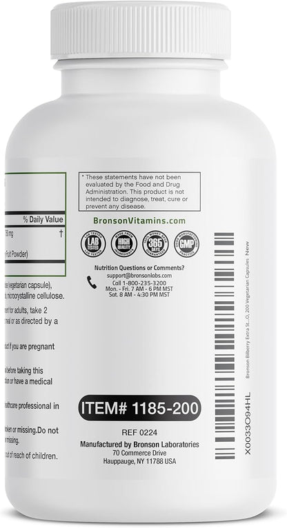 Bronson Bilberry Extra Strength Vaccinium Myrtillus, Promotes Eye Health and Supports Healthy Vision - Non GMO, 200 Vegetarian Capsules