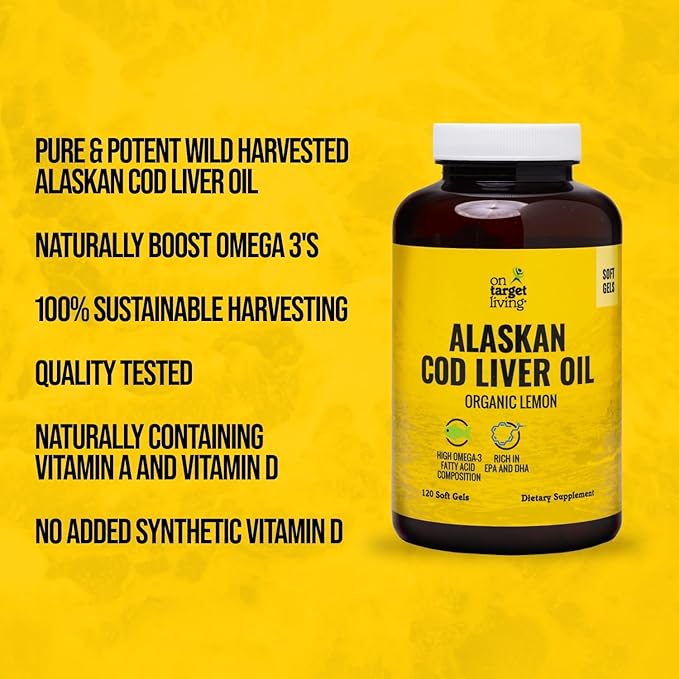 On Target Living Alaskan Cod Liver Oil 120 Soft Gels | Line Caught in The USA | Naturally Occurring Vitamin D | Rich in Omega 3 DHA/EPA