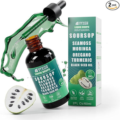 Soursop Pure Liquid Drops 10 in 1 with Sea Moss, Moringa, Turmeric, Black Seed Oil, Oregano, Ashwagandha | Herbal extracts for Overall Health-Enhancing | Vegan, Non-GMO | 4 Fl Oz