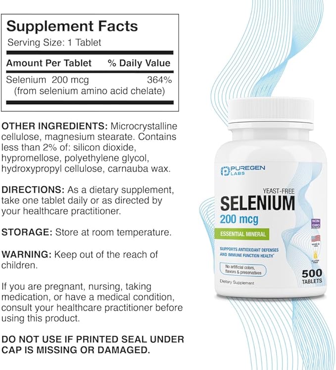 Puregen Labs Selenium 200 mcg Yeast Free Essential Mineral - 500 Vegetarian Tablets | Immune & Antioxidant Support | Non-GMO, Gluten Free, Made in USA