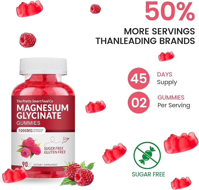 Magnesium Glycinate Gummies 1000mg - 90 Ct | Magnesium Potassium Supplements for Relaxation, Stress Relief, with Vitamin D, B6, CoQ10 for Calm Mood & Sleep Support - Raspberry Gummies