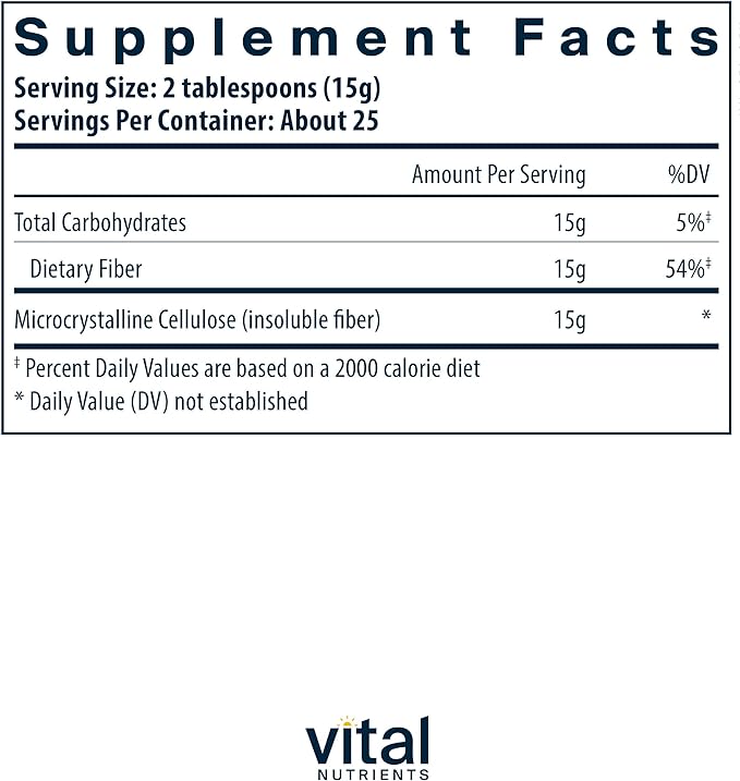 Vital Nutrients Cellulose Fiber Powder | 375g Cellulose Insoluble Fiber Powder | Fiber Supplement Powder Supports Healthy Bowel Function | Gluten, Dairy, Soy Free | Non-GMO | 60 Capsules