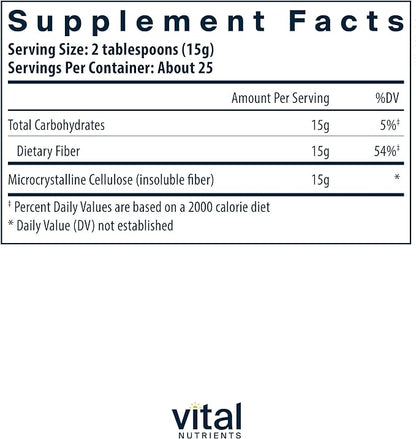 Vital Nutrients Cellulose Fiber Powder | 375g Cellulose Insoluble Fiber Powder | Fiber Supplement Powder Supports Healthy Bowel Function | Gluten, Dairy, Soy Free | Non-GMO | 60 Capsules