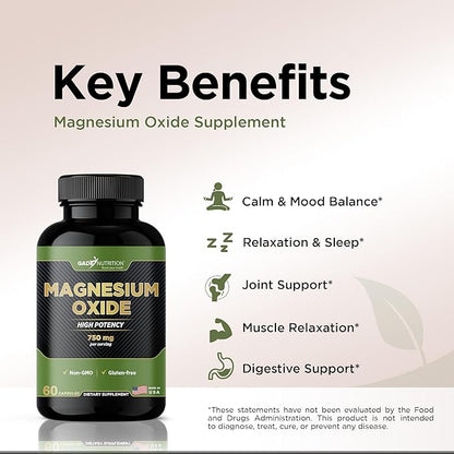 Gade Nutrition Pure Magnesium Oxide | Nature Made Magnesium Supplement in Vegetable Capsules | Magnesium Complex Supplement Made in USA | Great Magnesium for Sleep