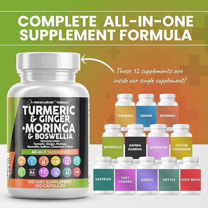 Clean Nutraceuticals Turmeric Moringa Supplement | Ginger Boswellia Saffron - Supplement for Women and Men with Ceylon Cinnamon, Tart Cherry, Quercetin Garlic Nettle Holy Basil - 1Pack