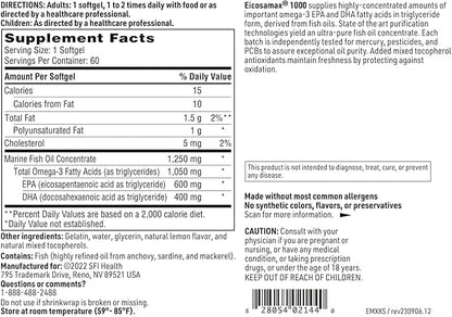 Klaire Labs Eicosamax 1000 TG Fish Oil - 1000 mg EPA/DHA per Soft Gel, Ultra Pure Omega-3 Fish Oil Pills - Sustainably Sourced - Natural Lemon Flavor for No Fishy Burps (60 Softgels)