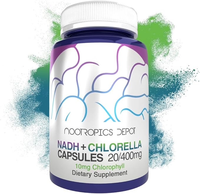 Nootropics Depot NADH + Chlorella vulgaris (Broken Cell) 400mg Capsules | Nicotinamide Adenine Dinucleotide 20mg | Chlorophyll 10mg | Energy, Alertness, Mental Clarity & Healthy Aging, 30 Count