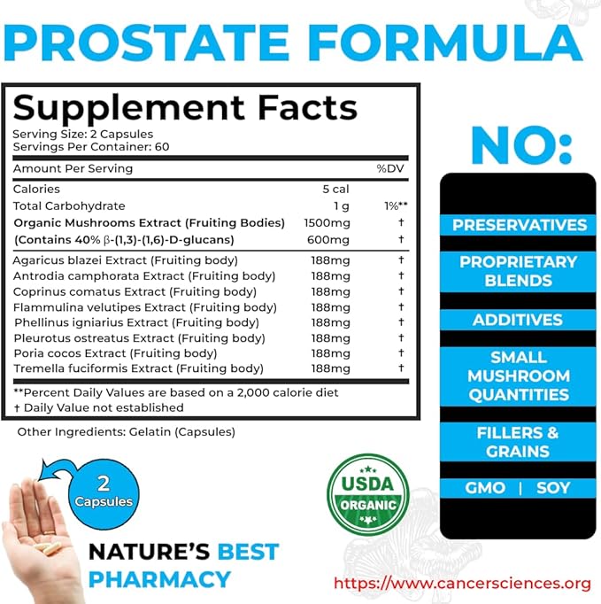 Cancer Sciences Prostate Wellness Supplements for Men, USDA Certified Organic Mushrooms Extract, Extra Strength 1,500 mg, High Potency 40% Beta-Glucans, Immune, Anti-Aging, Antioxidants, 120 Capsules
