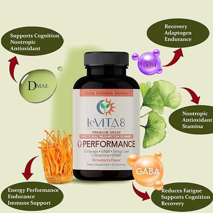 LeVITA8 Premium Mushroom Gummies for Focus & Energy - Cordyceps Gummies with 100% Natural Strawberry Flavor for Adults - Mushrooms Herbal Supplements for Endurance & Immune Support - 1 Month Supply