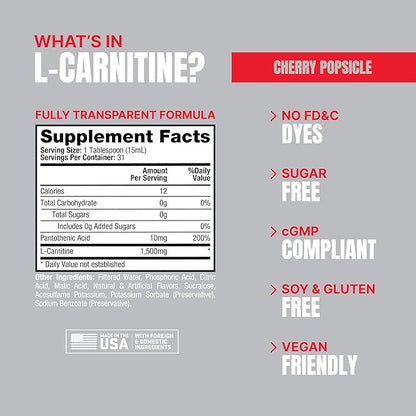 PROSUPPS L-Carnitine Liquid 1500, Stimulant-Free Liquid Shots for Men & Women - Clean Workout Drink for Energy, Performance & Muscle Recovery - No Sugar, No Carbs - 31 Servings, Cherry Popsicle