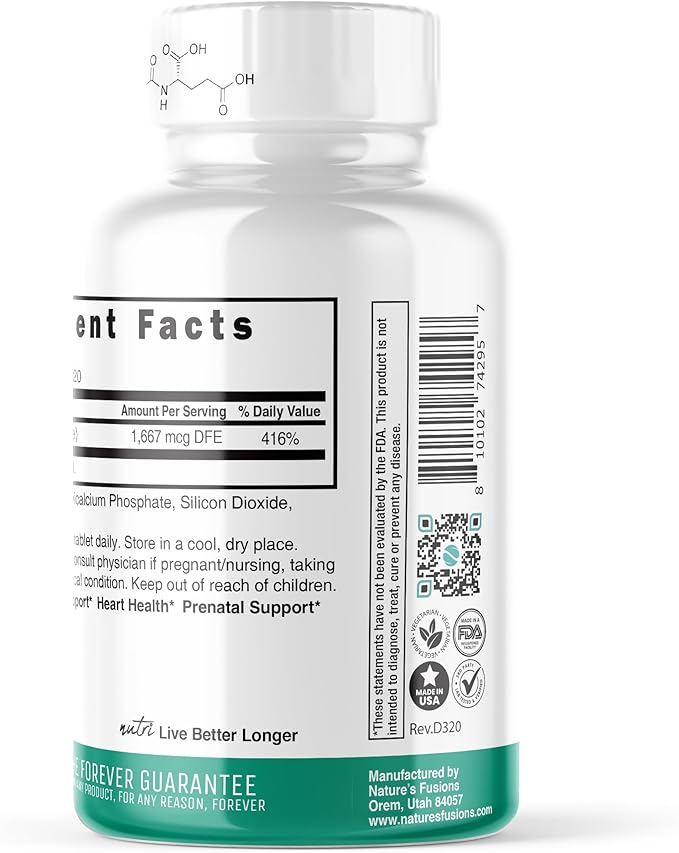Nature's Fusions Nutri 5-MTHF L Methylfolate 1MG - 4 Month Supply, 120 Vegan Tablets - Methylated Folate Supplement - Cognitive Function, Heart Health, Prenatal Support - Methylated Folic Acid