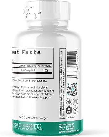Nature's Fusions Nutri 5-MTHF L Methylfolate 1MG - 4 Month Supply, 120 Vegan Tablets - Methylated Folate Supplement - Cognitive Function, Heart Health, Prenatal Support - Methylated Folic Acid