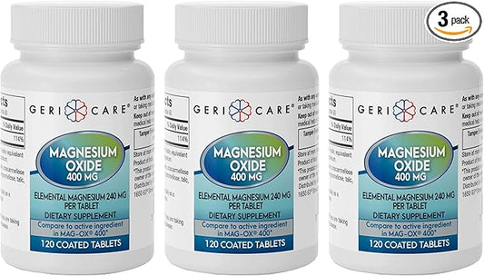 GeriCare Magnesium Oxide Supplement 240 mg of Elemental Magnesium, 120 Tablets, Essential Mineral Support, Promotes Vascular Health, Bone Strength, and Muscle Function (Pack of 3)