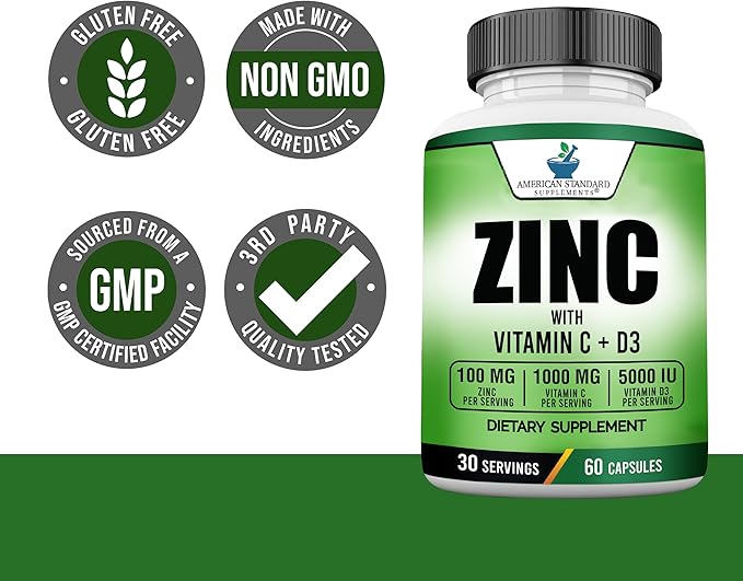 American Standard Supplements Zinc 100mg, Vitamin C 1000mg, and Vitamin D3 5000 IU (125mcg) Per Serving - Gluten Free, Non-GMO, 60 Capsules, 30 Servings