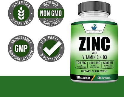 American Standard Supplements Zinc 100mg, Vitamin C 1000mg, and Vitamin D3 5000 IU (125mcg) Per Serving - Gluten Free, Non-GMO, 60 Capsules, 30 Servings