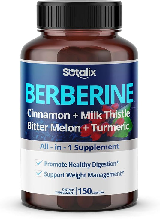 Premium Berberine Supplement with Ceylon Cinnamon, Bitter Melon, Milk Thistle - 150 Day Supply (150 Count (Pack of 1))