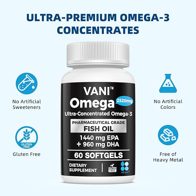 VANI Omega 3 Fish Oil - Pharmaceutical Grade - 2520mg with EPA & DHA, Made in USA with Premium Germany Fish Oil KD-PÜR® - 60 Softgels