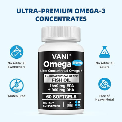 VANI Omega 3 Fish Oil - Pharmaceutical Grade - 2520mg with EPA & DHA, Made in USA with Premium Germany Fish Oil KD-PÜR® - 60 Softgels