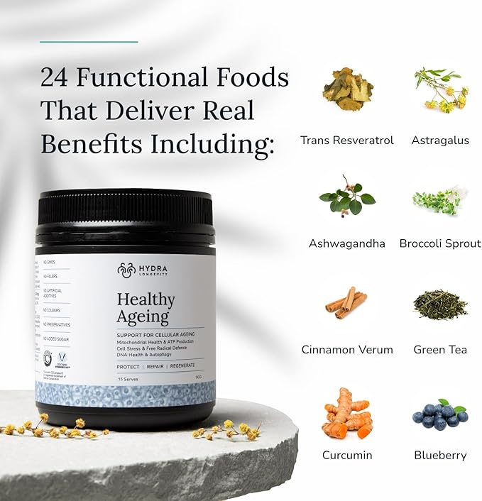 Healthy Ageing Supplement Powder, Anti-Ageing Effects, Contains Quercetin, Resveratrol and Nrf2 Activators, Antioxidants Rich Nutrient-Dense, Non-GMO, Vegan (90 Grams (15 Servings)