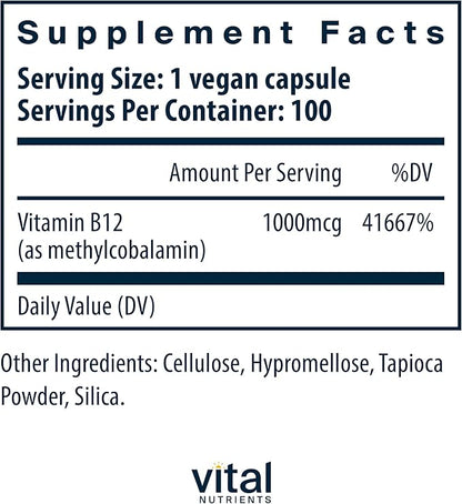 Vital Nutrients Vitamin B12 1000mcg - Vegan - Methylcobalamin for Metabolism, Cognitive & Nervous System Health* - High-Potency B12 Supplement - Gluten, Dairy, Soy Free - 100 Capsules