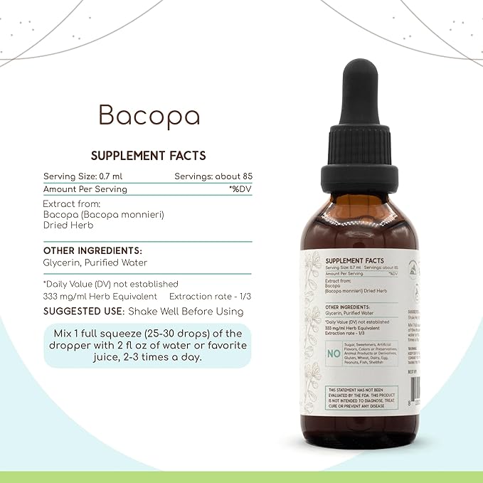 Bacopa B60 Alcohol-Free Herbal Extract Tincture, Concentrated Liquid Drops Natural Bacopa (Bacopa Monnieri) Dried Herb 2 fl oz