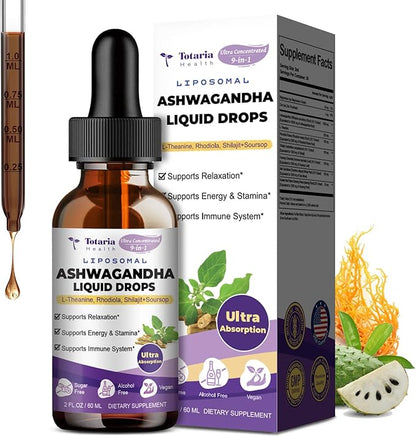 Liposomal Ashwagandha Liquid Drops, Ultra Strength Ashwa Root Extract Supplement with Shilajit, Ginseng, Magnesium, Soursop, L-Theanine, 60ml