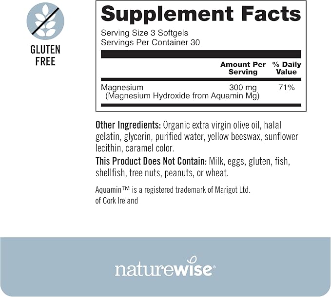 NatureWise High Absorption Marine Magnesium Supplement 300mg - Naturally Sourced, Clinically Tested Magnesium from Seawater - Non-GMO, USA Manufactured - 90 Softgels[1-Month Supply]
