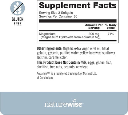 NatureWise High Absorption Marine Magnesium Supplement 300mg - Naturally Sourced, Clinically Tested Magnesium from Seawater - Non-GMO, USA Manufactured - 90 Softgels[1-Month Supply]