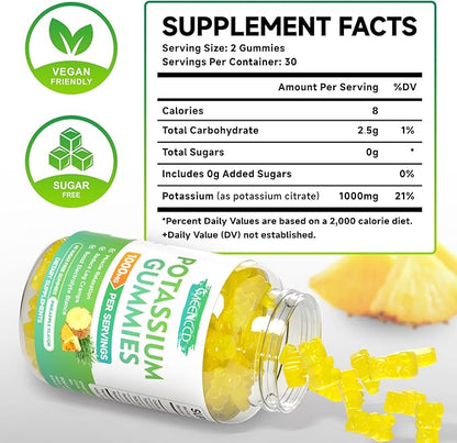 Potassium Citrate Gummies 1000mg, High Potency Potassium Supplement Gummies for Adults Women & Men, Support Leg Cramps & Muscle Health, Sugar-Free, Pineapple Flavor, 60 Count