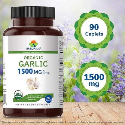 Brieofood Organic Garlic 1500mg, 45 Servings, Vegetarian, Gluten Free, 90 Vegetarian Tablets