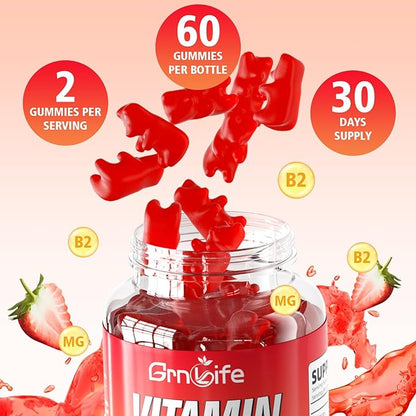 2 Pack Vitamin B2 Gummies, Riboflavin 400mg with Magnesium for Kids & Adults, Migraine Relief & Energy Support, Strawberry Flavor, 120 Count