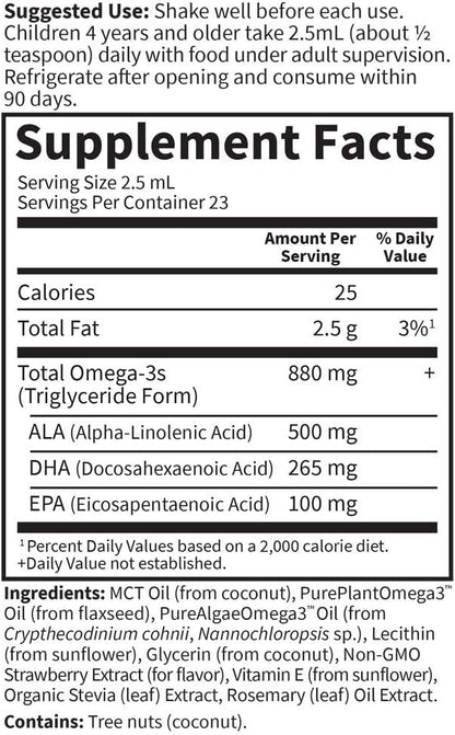 Garden of Life Plant Omega-3 Ala, Dha & Epa Supplement for Children -Liquid, Strawberry - Vegan Brain & Eye Support for Kids, Sugar Free & Non-GMO - 2 Fl Oz