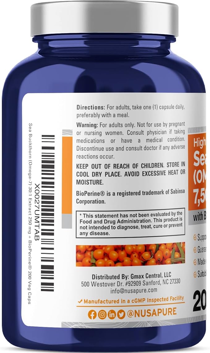 NusaPure Sea Buckthorn Omega-7 30:1 Extract, 250 mg Equivalent to 7,500mg per Veggie Powder Caps - 200 Count - Non-GMO & Vegan