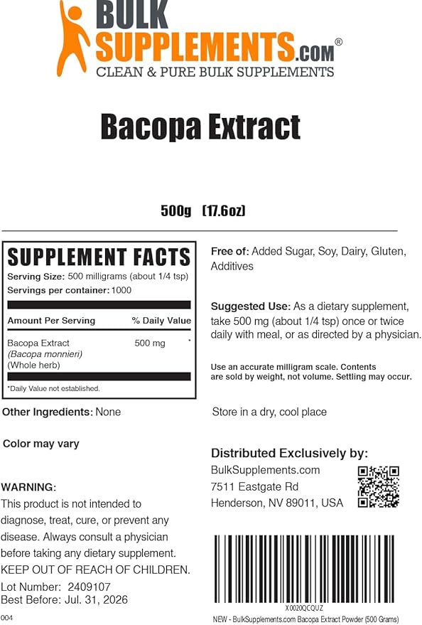 BulkSupplements.com Bacopa Extract Powder - Bacopa Monnieri Supplement, Herbal Supplement - Vegan & Gluten Free, 500mg per Serving, 500g (1.1 lbs) (Pack of 1)