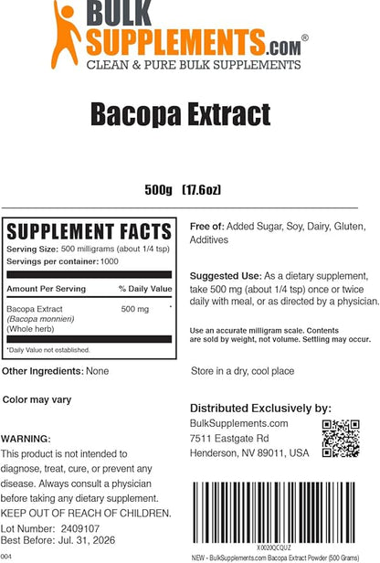 BulkSupplements.com Bacopa Extract Powder - Bacopa Monnieri Supplement, Herbal Supplement - Vegan & Gluten Free, 500mg per Serving, 500g (1.1 lbs) (Pack of 1)