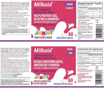 Milkaid Junior Lactase Enzyme Chewable Tablets for Lactose Intolerance | Prevents Gas, Bloating, Diarrhea in Children| Fast Acting Dairy Digestive Supplement for Kids| 60 ct (60 Tablets, Grape)