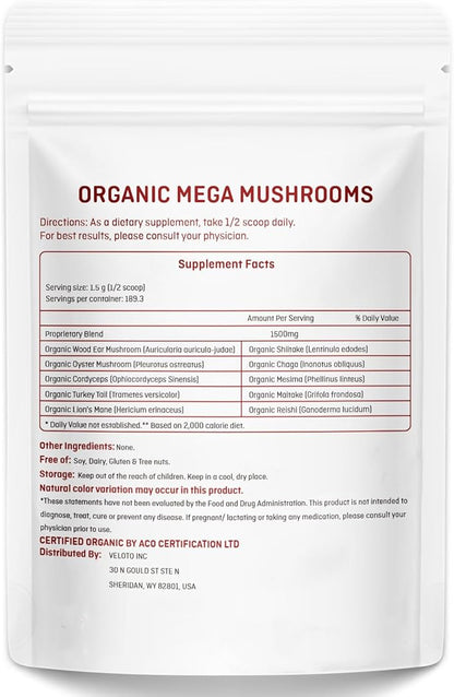 Organic Mega Mushroom Powder Blend, 10 in 1 Complex Mushroom Extract Powder Herbal Supplement with Reishi, Cordyceps, Chaga, Lion's Mane, Vegan & More, Sustainably US Grown, Filler Free, 10oz