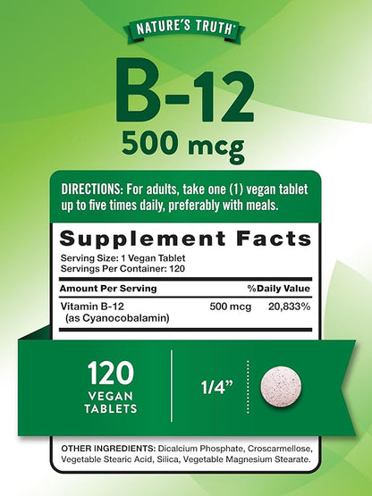 Nature's Truth B12 Vitamin | 500 mcg | 120 Tablets | Vegan, Non-GMO & Gluten Free Supplement
