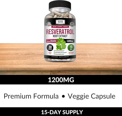 Kaya Naturals - Resveratrol Capsules - Anti Aging Supplement - Antioxidants with Brain Support - Maximum Benefits - 30 Veggies Capsules