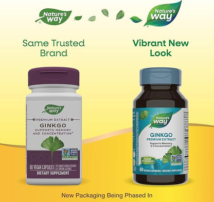 Nature's Way Ginkgo Premium Extract, Supports Memory & Concentration*, 120 mg Ginkgo Biloba Extract per 2-Capsule Serving, with Gotu Kola, Vegan, No Gluten, 60 Capsules (Packaging May Vary)
