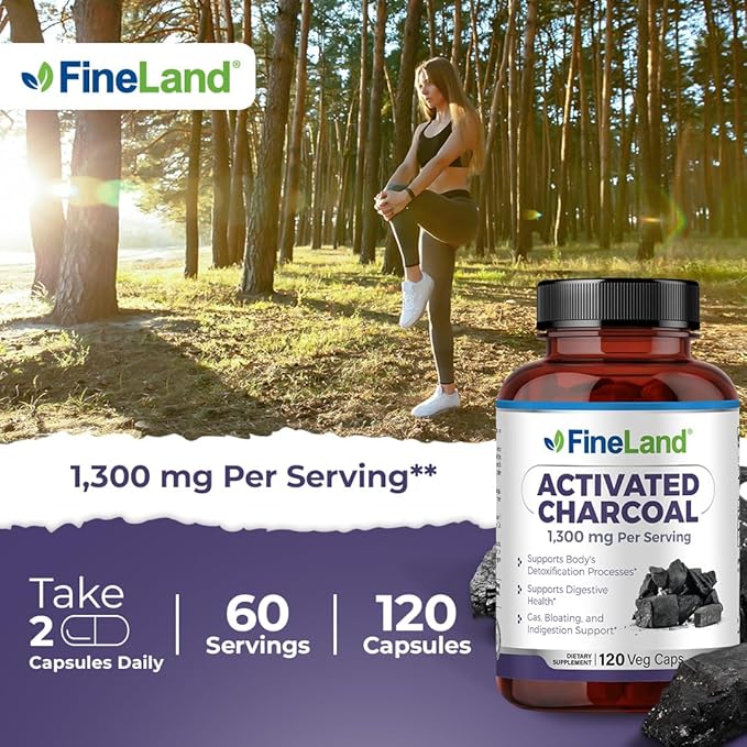 FineLand Activated Charcoal 1300mg Capsules - Detox Cleanse, Gas & Bloating Relief, Circulation & Cholesterol Support - 120 Vegan Pills