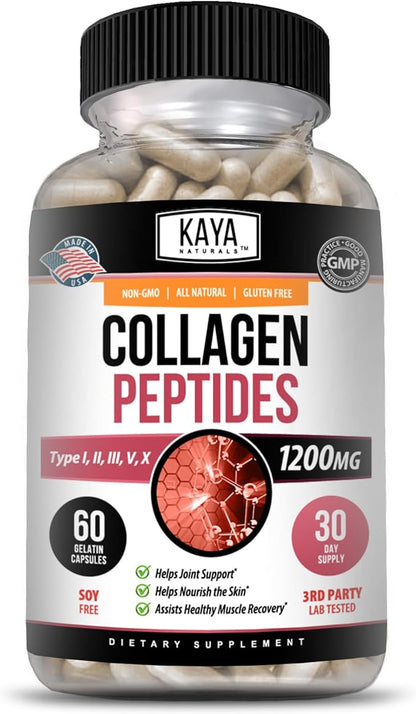 Kaya Naturals Multi Collagen Peptides Complex Powder for Women and Men, Types I, II, III, V & X | 60 Count Capsules