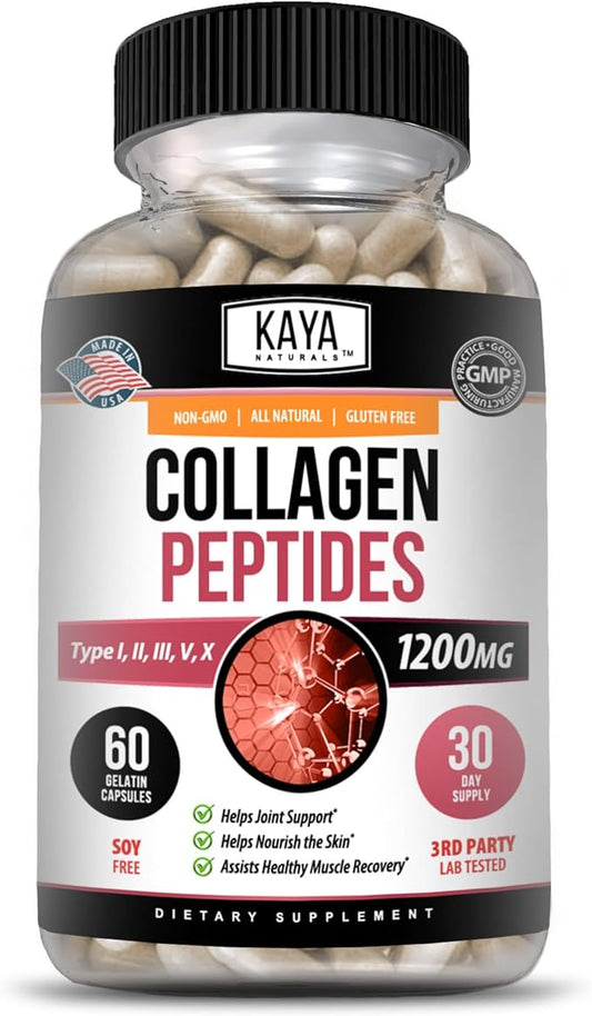 Kaya Naturals Multi Collagen Peptides Complex Powder for Women and Men, Types I, II, III, V & X | 60 Count Capsules