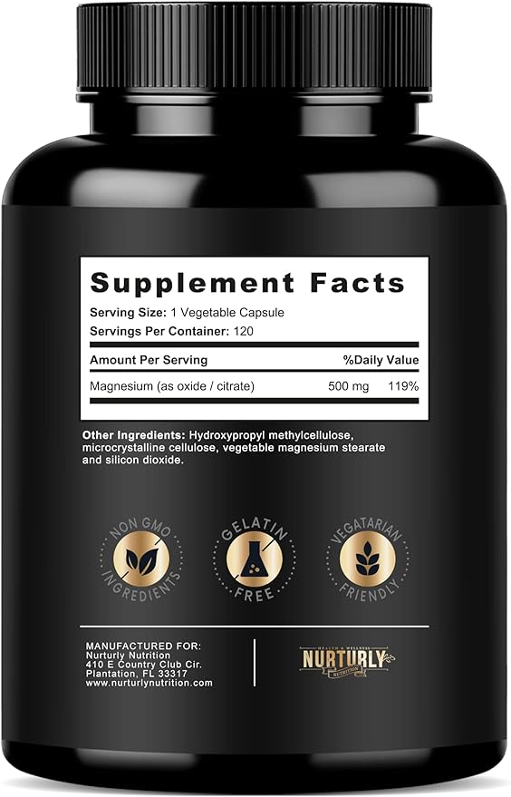 Magnesium Citrate & Oxide 500mg Complex Supplement - High Absorption Maximum Strength - Helps Support Bone Density and Strength, Muscles, Energy and Sleep - 120 Vegan Capsules
